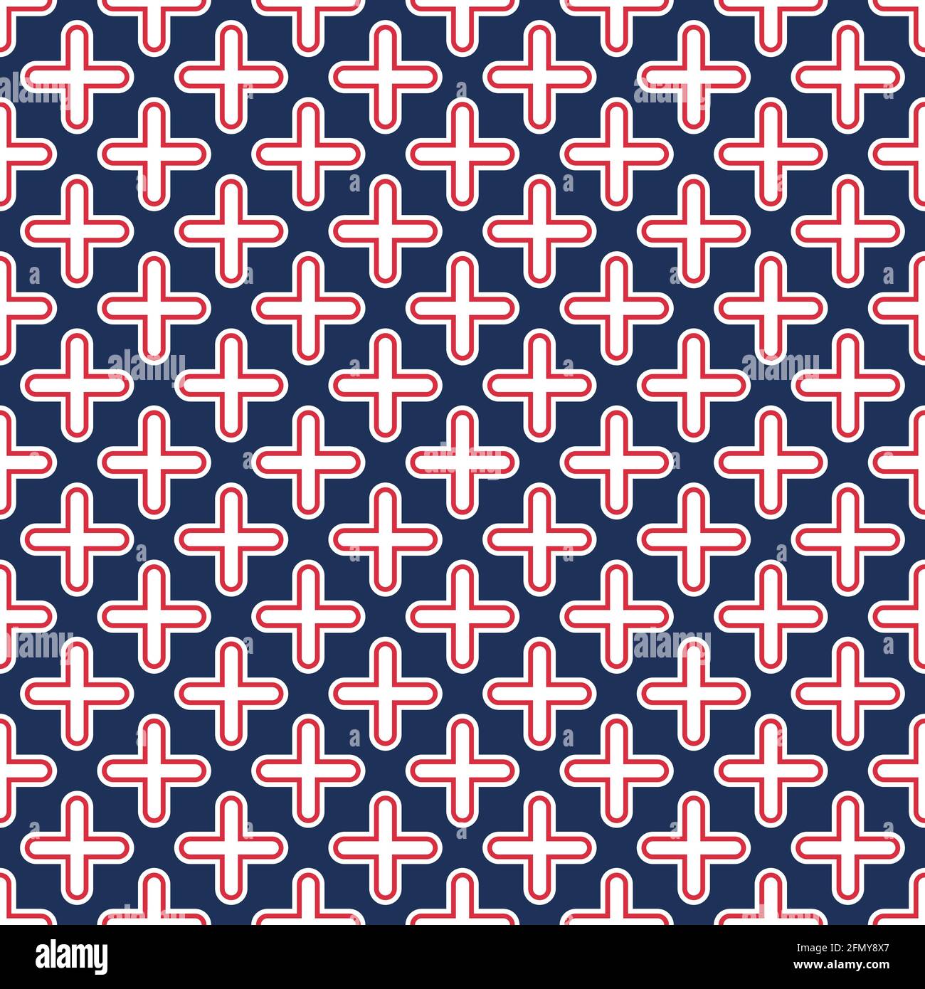 Abstraktes Vektor-nahtloses medizinisches Muster mit abgerundeten roten und weißen Kreuzen auf blauem Hintergrund. Medizinische Kreuze. Flaches Design. Farbabbildung Stock Vektor