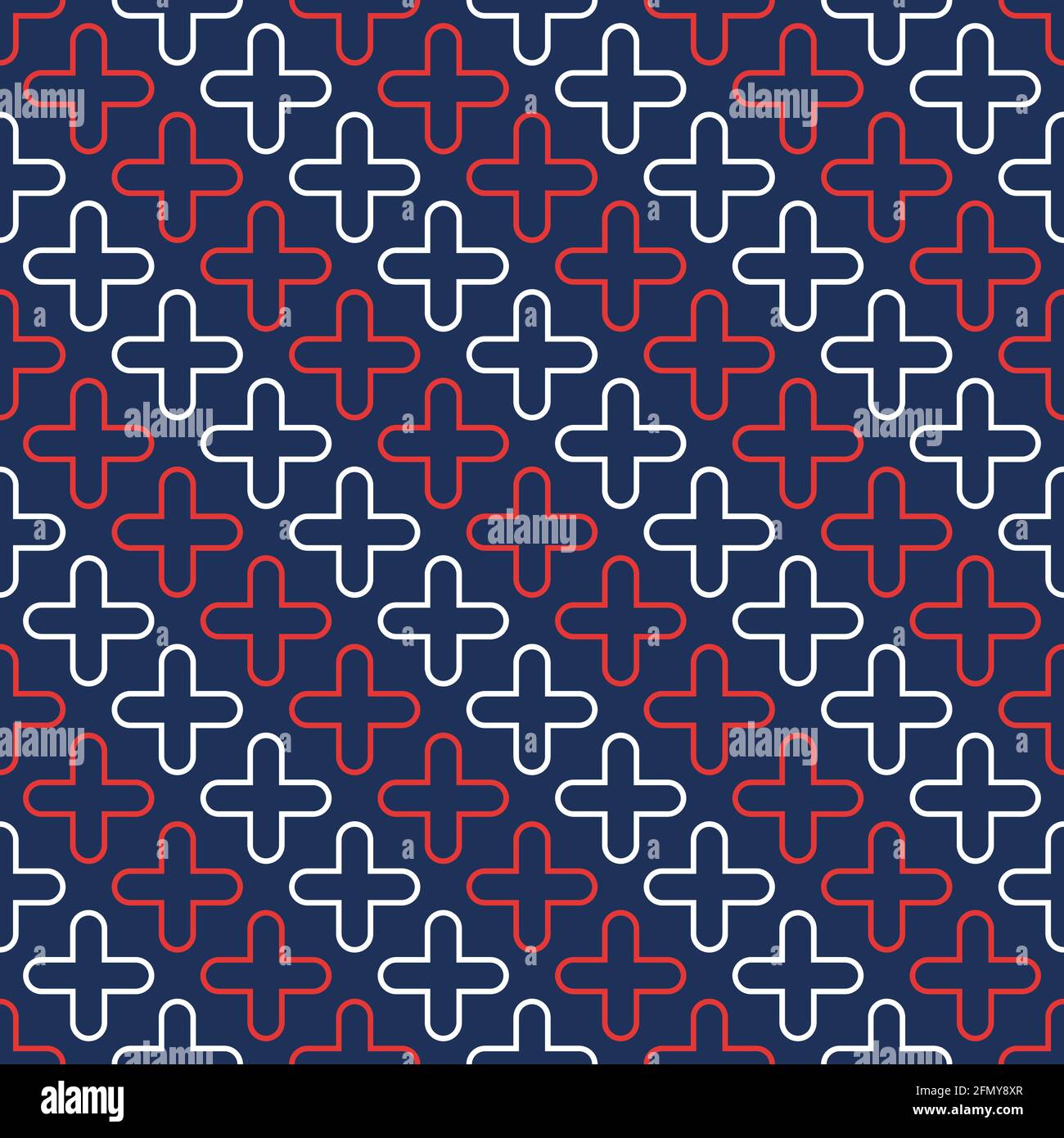 Abstraktes Vektor-nahtloses medizinisches Muster mit abgerundeten roten und weißen Kreuzen auf blauem Hintergrund. Medizinische Kreuze. Flaches Design. Farbe. Stock Vektor