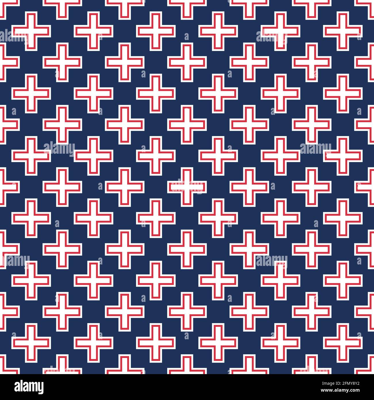 Abstrakte Vektor nahtlose medizinische Muster mit roten und weißen Kreuzen auf blauem Hintergrund. Medizinische Kreuze. Flaches Design. Farbabbildung. Stock Vektor