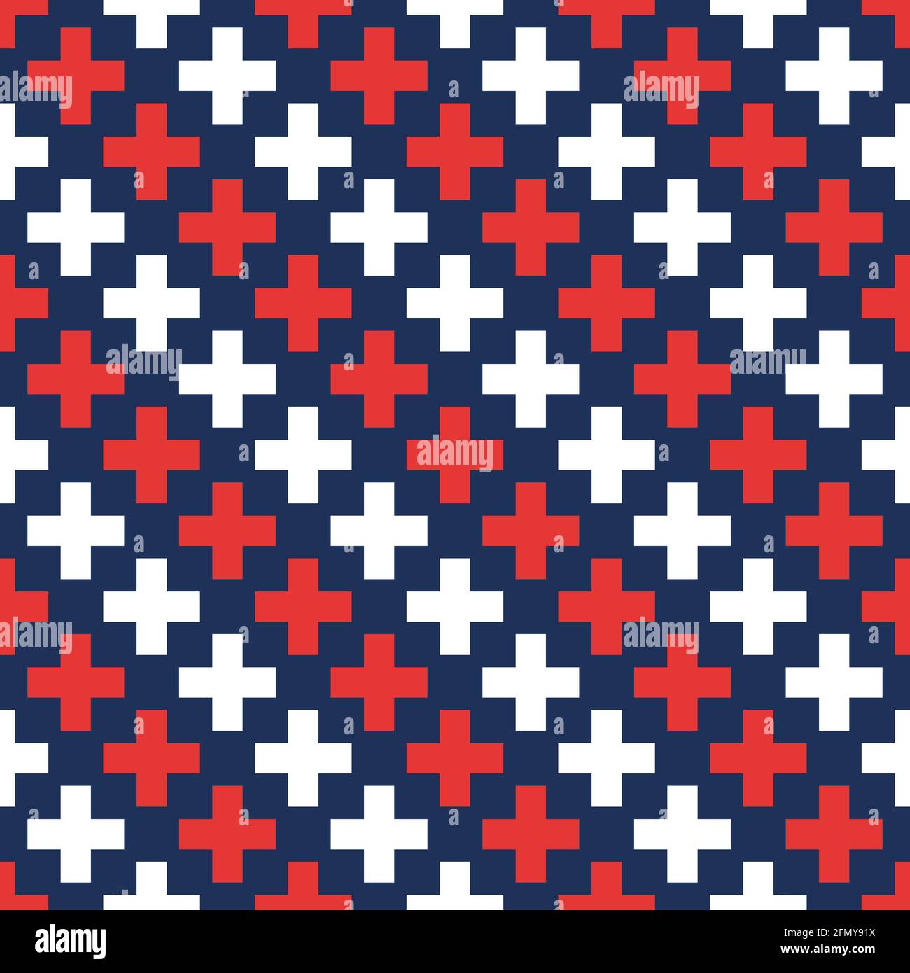 Abstrakte Vektor nahtlose medizinische Muster mit roten und weißen Kreuzen auf blauem Hintergrund. Medizinische Kreuze. Flaches Design. Farbabbildung. Stock Vektor