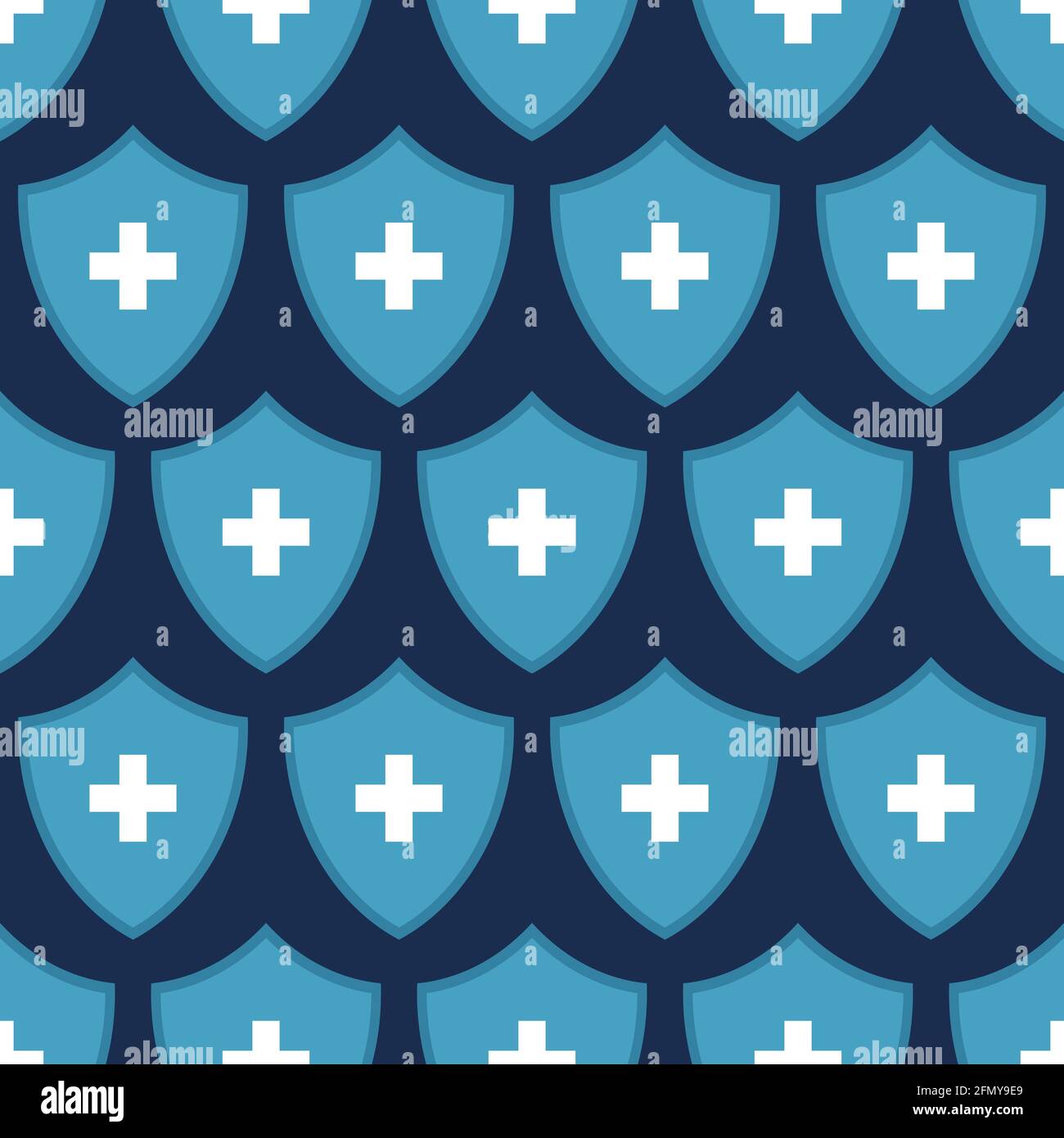 Nahtloses Vektormuster aus blauen Schilden mit weißen Kreuzen, isoliert auf dunklem Hintergrund. Gesundheitsschutzkonzept. Schildsymbol für den Zustand. Stock Vektor