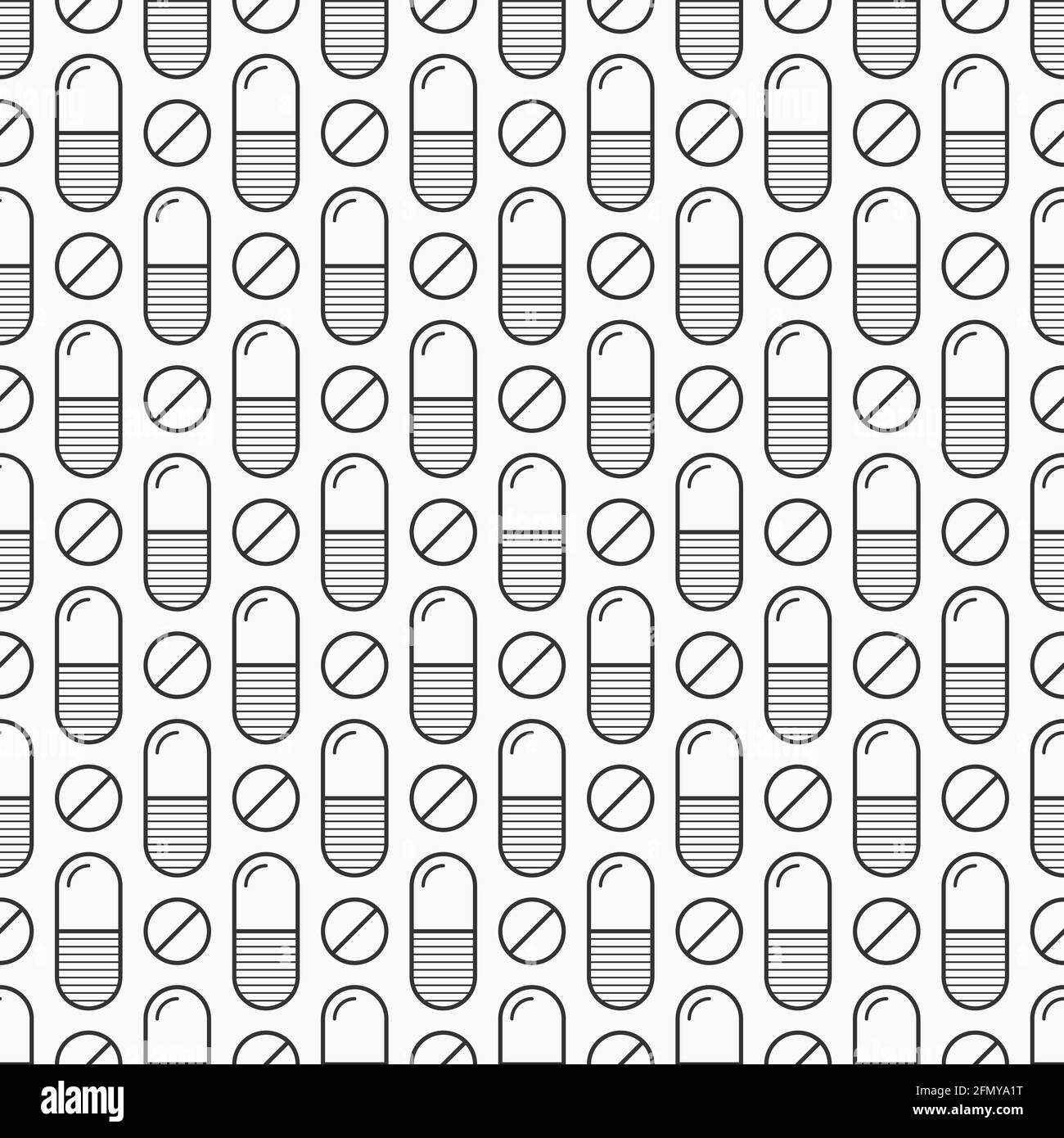 Vektor nahtlose Muster mit Pillen, Tabletten, isoliert auf weißem Hintergrund. Medizinische Präparate. Geradliniges Design. Schwarz-Weiß-Abbildung. Stock Vektor