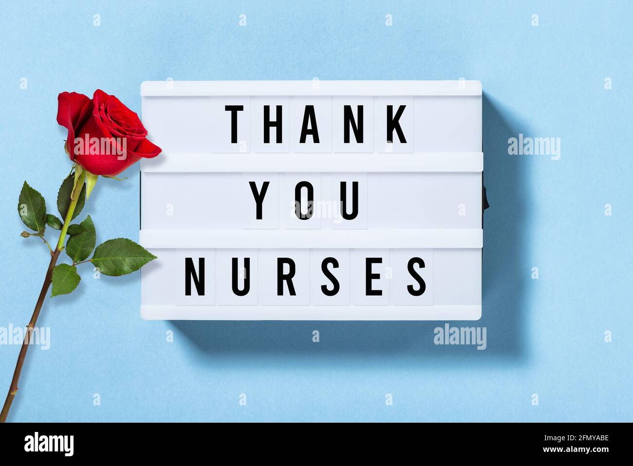 Vielen Dank An Die Krankenschwestern. Leuchtkasten für Nurses Day mit roter Rosenblüte Stockfoto