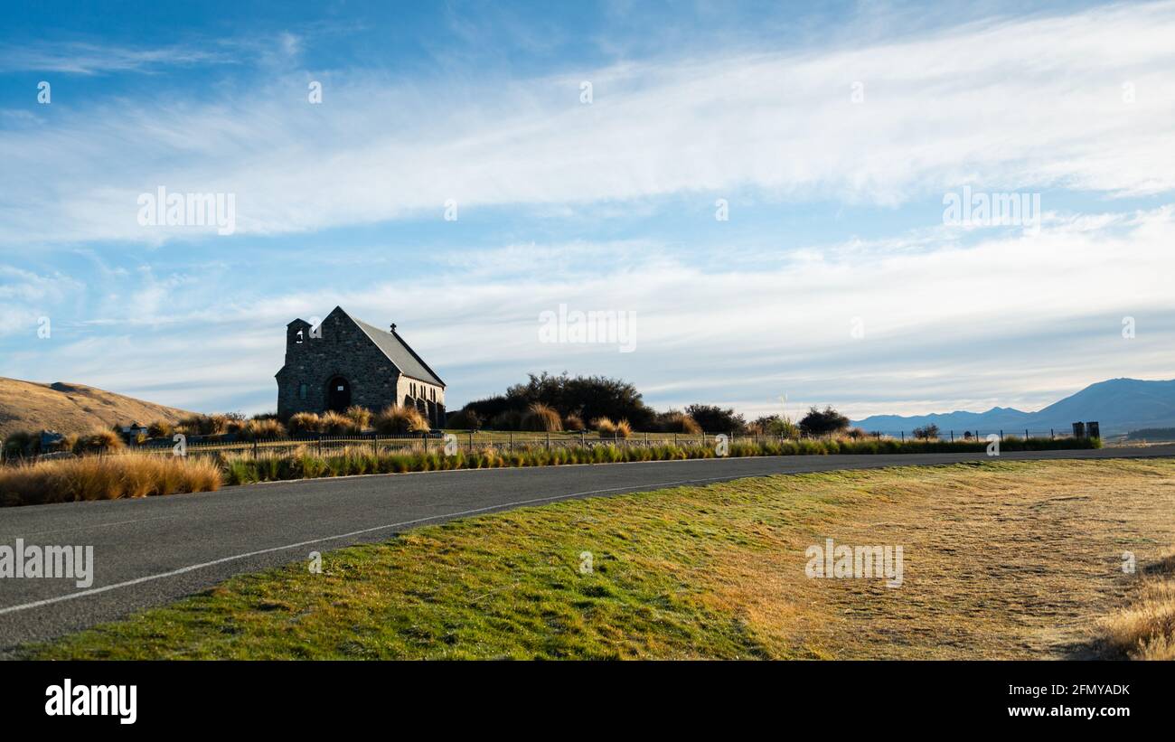 Blick auf die Kirche des Guten Hirten am Lake Tekapo, Südinsel Stockfoto