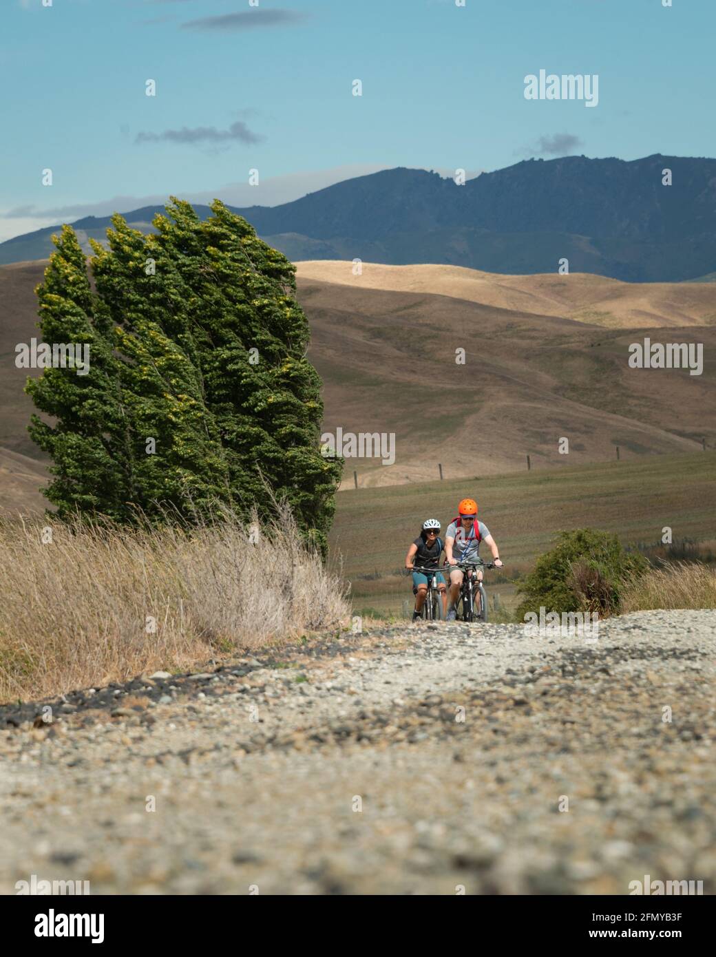 Zwei Radfahrer fahren auf dem Otago Rail Trail im starken Wind, Südinsel. Vertikales Format. Stockfoto