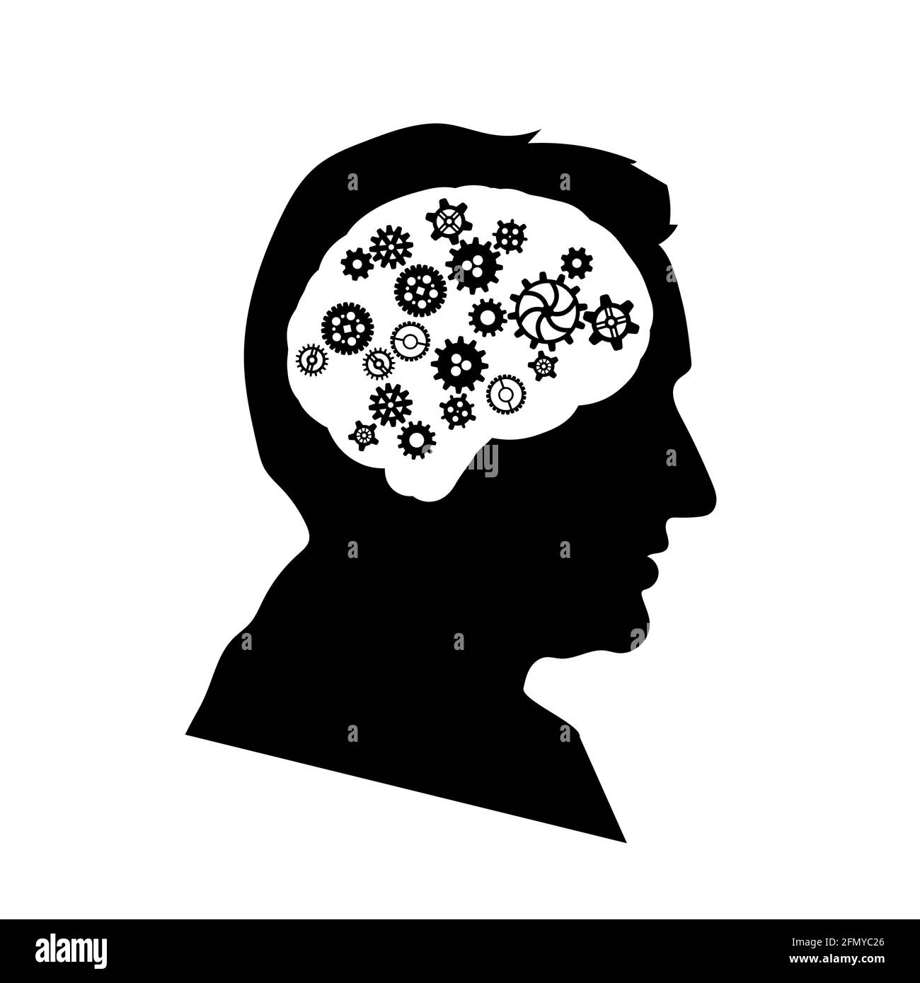 Schwarzes detailliertes mans-Gesichtsprofil mit kompliziertem Zahnrad-Mechanismus in Gehirn auf Weiß Stock Vektor
