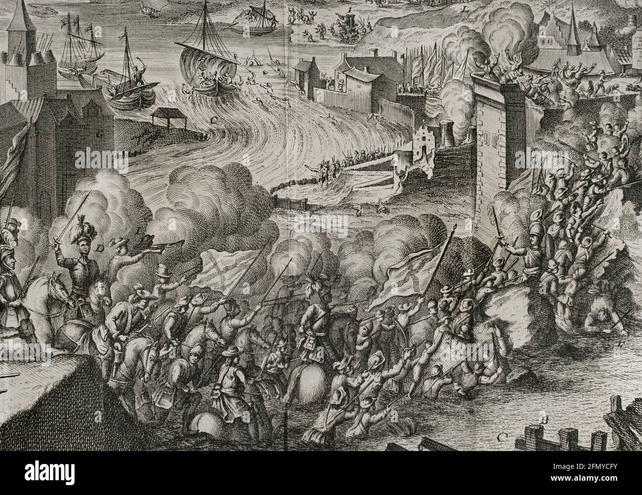 Die Epugnation von Lagny. Am 7. September 1590 überfielen Truppen unter der Führung von Alexander Farnese überraschend die Festung Lagny am Ufer der Marne. Die Soldaten nutzten einen Bruch in der alten Mauer, um die Stadt zu ergreifen. Farnese schickte in einem schnellen Manöver eine große Anzahl von Lastkähne, die mit Vorräten beladen waren, nach Paris. Gravur, Detail. Flanderenkriege. Ausgabe erschienen in Antwerpen, 1748. Stockfoto