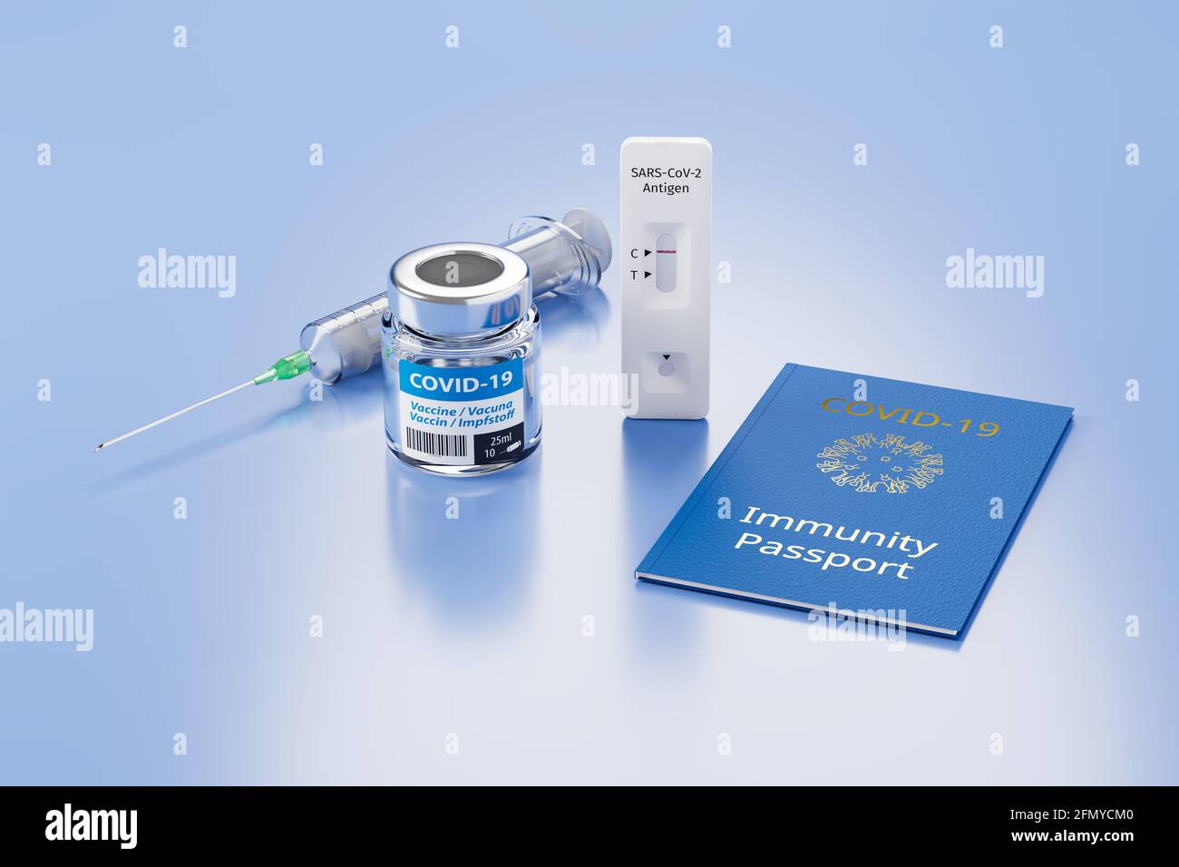 Immunity Passport-Konzept: Eine Ampulle mit Covid-19-Impfstoff, eine Spritze, ein negativer Antigenschnelltest und ein Immunitätspass-Modell auf einer blauen Oberfläche. Stockfoto