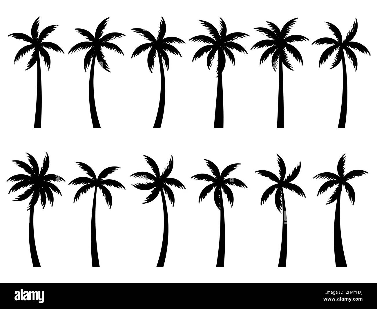 Set von schwarzen Silhouetten von Palmen isoliert auf weißem Hintergrund. Große Sammlung von Palmendesigns für Poster und Werbeartikel. Vektor i Stock Vektor