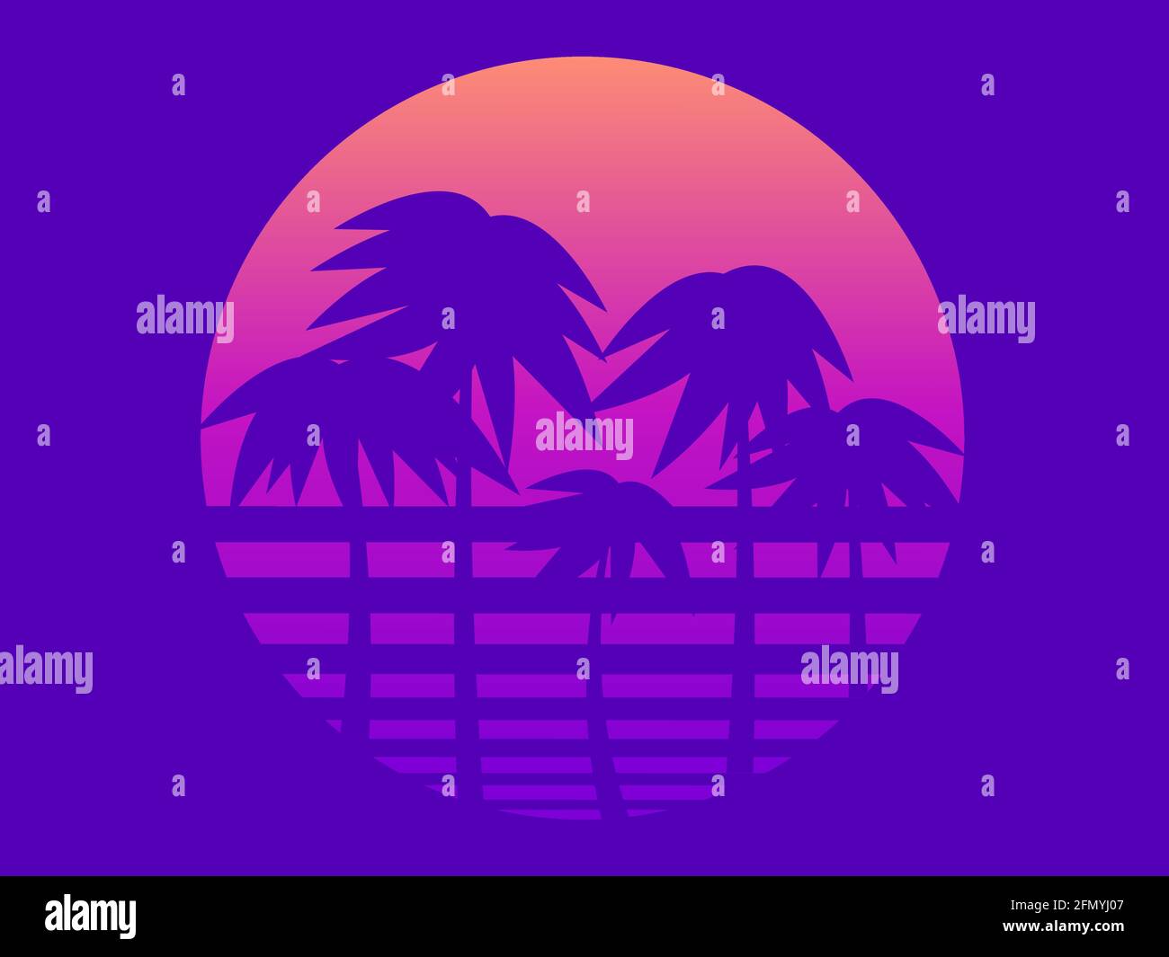 Palmen gegen eine gradient Sonne im Stil der 80er Jahre. Retro-Science-Fiction-Sonnenuntergang. Synthwave- und retrowave-Stil. Design für Werbebroschüren, banne Stock Vektor