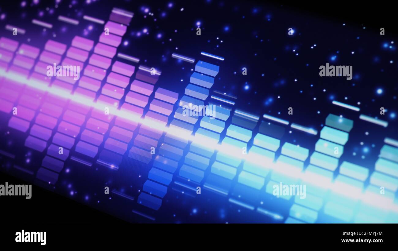 Music Equalizer-Leiste. Audio-Waveform-Equalizer auf schwarzem Hintergrund. Musik oder Schallwelle auf Monitor. Bunte Sound Visualizer abstrakt. Gradient Stockfoto