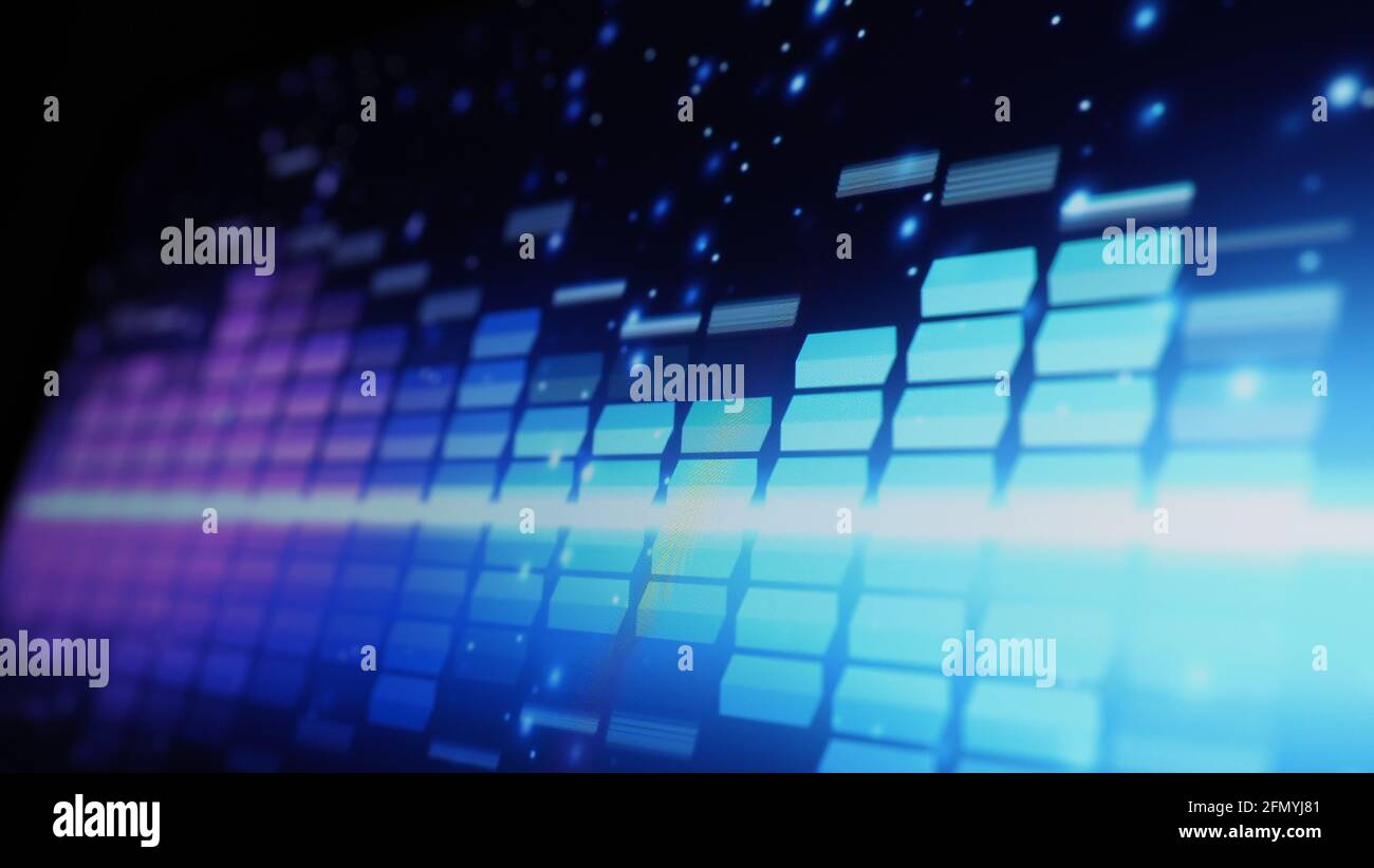 Music Equalizer-Leiste. Audio-Waveform-Equalizer auf schwarzem Hintergrund. Musik oder Schallwelle auf Monitor. Bunte Sound Visualizer abstrakt. Gradient Stockfoto