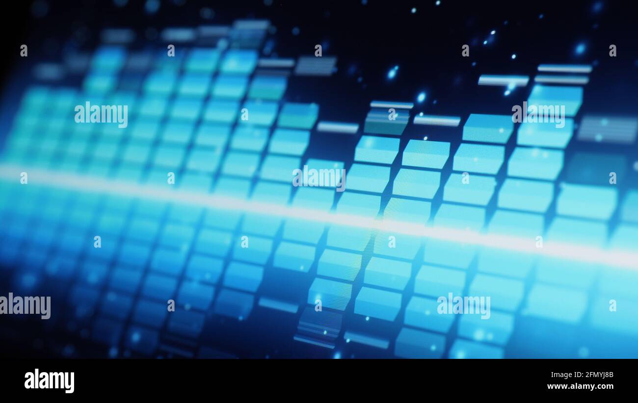 Music Equalizer-Leiste. Audio-Waveform-Equalizer auf schwarzem Hintergrund. Musik oder Schallwelle auf Monitor. Bunte Sound Visualizer abstrakt. Gradient Stockfoto