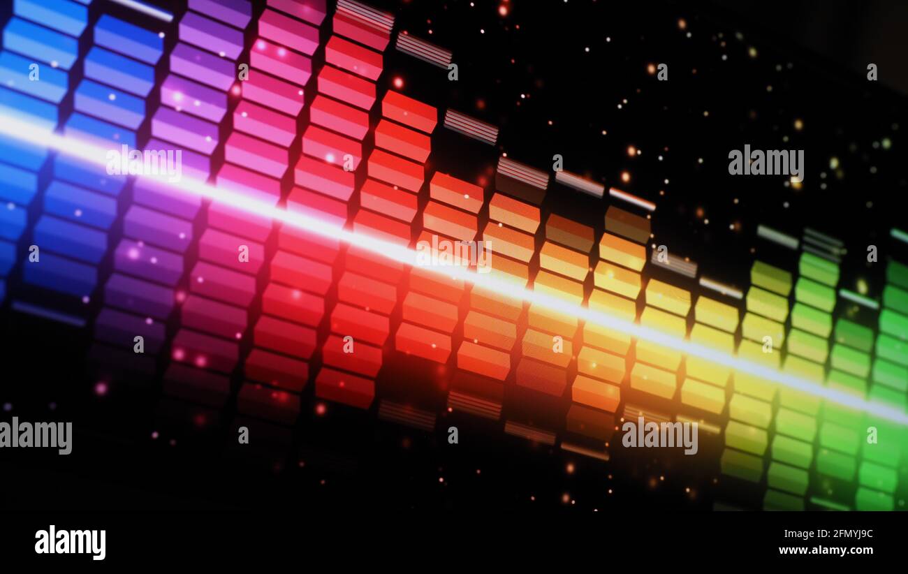 Music Equalizer-Leiste. Audio-Waveform-Equalizer auf schwarzem Hintergrund. Musik oder Schallwelle auf Monitor. Bunte Sound Visualizer abstrakt. Gradient Stockfoto