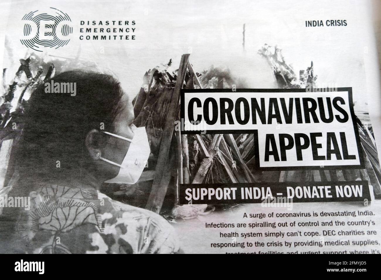 Coronavirus Appeal Unterstützung Indien Krise Zeitung Werbung Werbung Katastrophen Notfall Ausschuss DEZ April 2021 Großbritannien Stockfoto