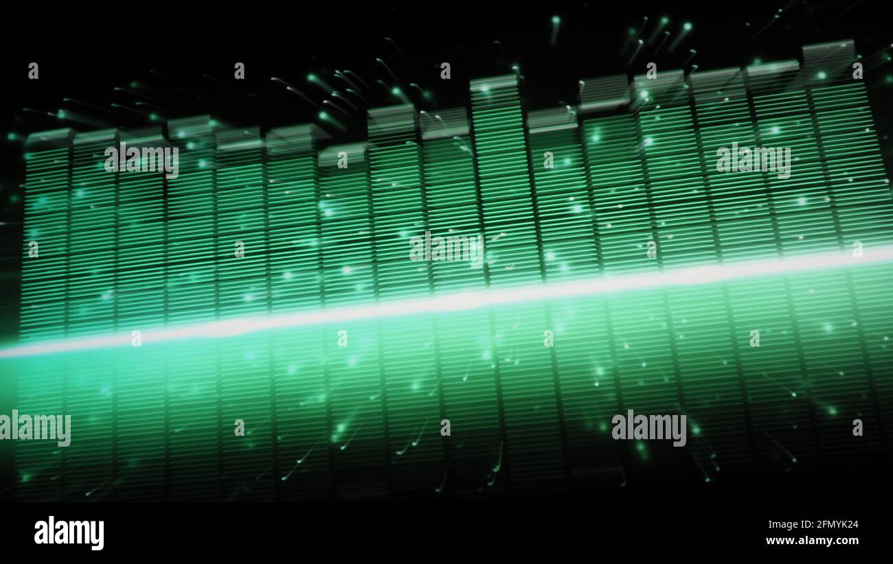 Music Equalizer-Leiste. Audio-Waveform-Equalizer auf schwarzem Hintergrund. Musik oder Schallwelle auf Monitor. Bunte Sound Visualizer abstrakt. Gradient Stockfoto