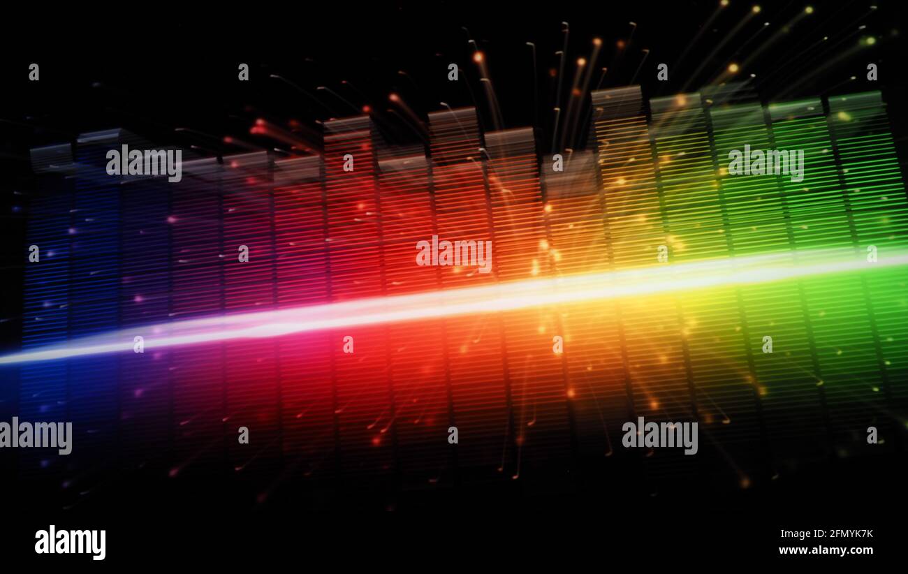 Music Equalizer-Leiste. Audio-Waveform-Equalizer auf schwarzem Hintergrund. Musik oder Schallwelle auf Monitor. Bunte Sound Visualizer abstrakt. Gradient Stockfoto