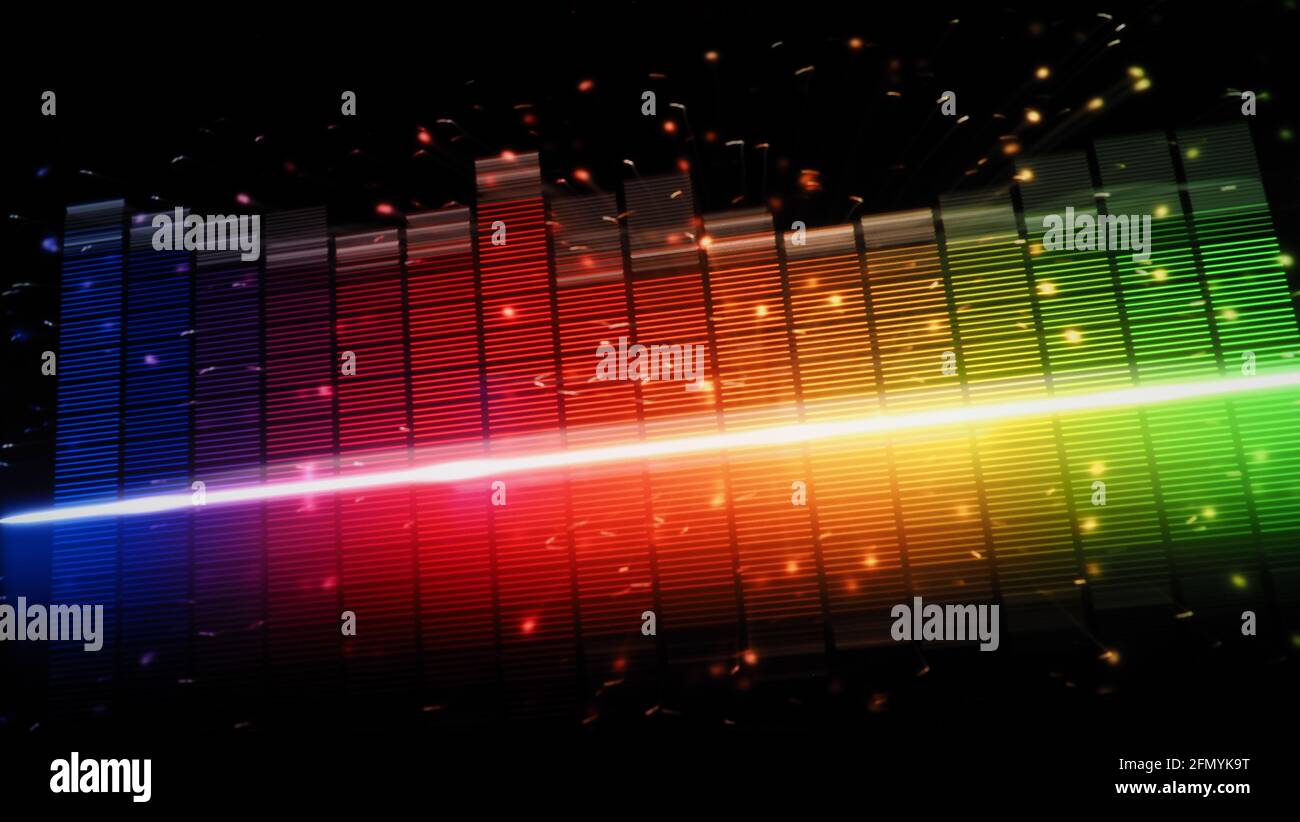 Music Equalizer-Leiste. Audio-Waveform-Equalizer auf schwarzem Hintergrund. Musik oder Schallwelle auf Monitor. Bunte Sound Visualizer abstrakt. Gradient Stockfoto