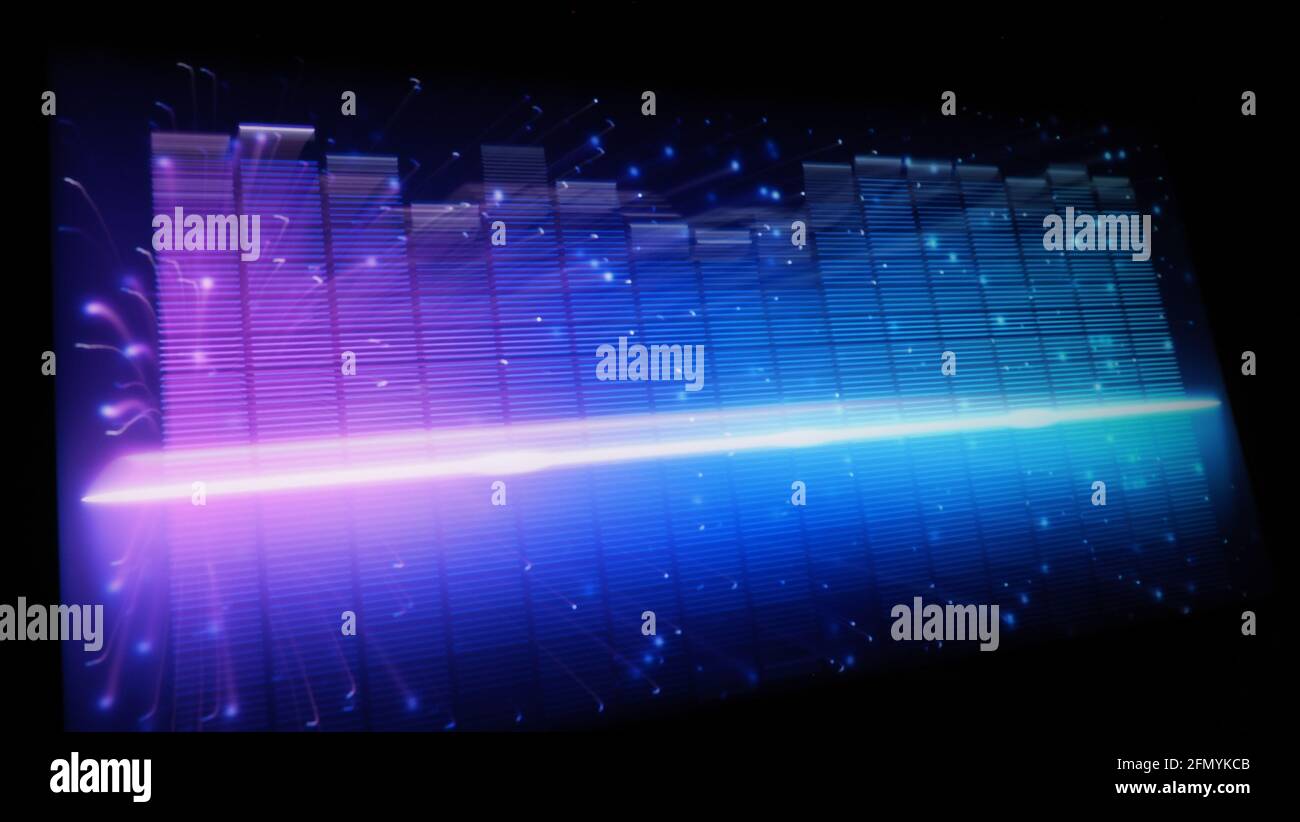 Music Equalizer-Leiste. Audio-Waveform-Equalizer auf schwarzem Hintergrund. Musik oder Schallwelle auf Monitor. Bunte Sound Visualizer abstrakt. Gradient Stockfoto