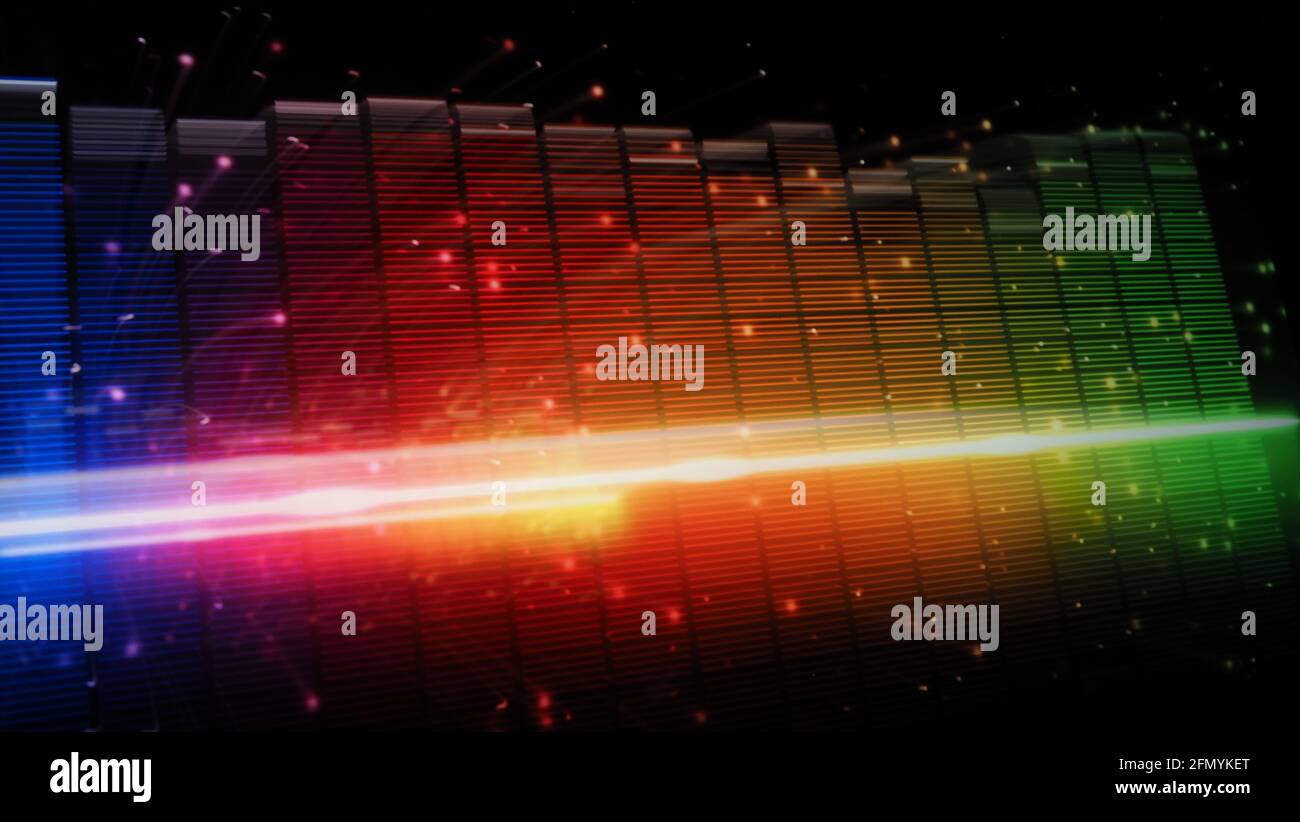 Music Equalizer-Leiste. Audio-Waveform-Equalizer auf schwarzem Hintergrund. Musik oder Schallwelle auf Monitor. Bunte Sound Visualizer abstrakt. Gradient Stockfoto