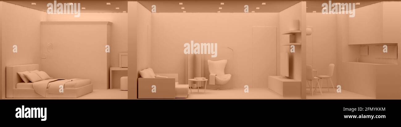 Cutaway Interieur von drei Zimmern in schlichter Farbe. 3d-Rendering Stockfoto