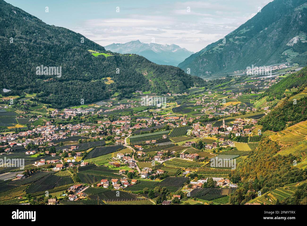 Panoramablick von Tirol auf das Etschtal und Meran Stockfoto