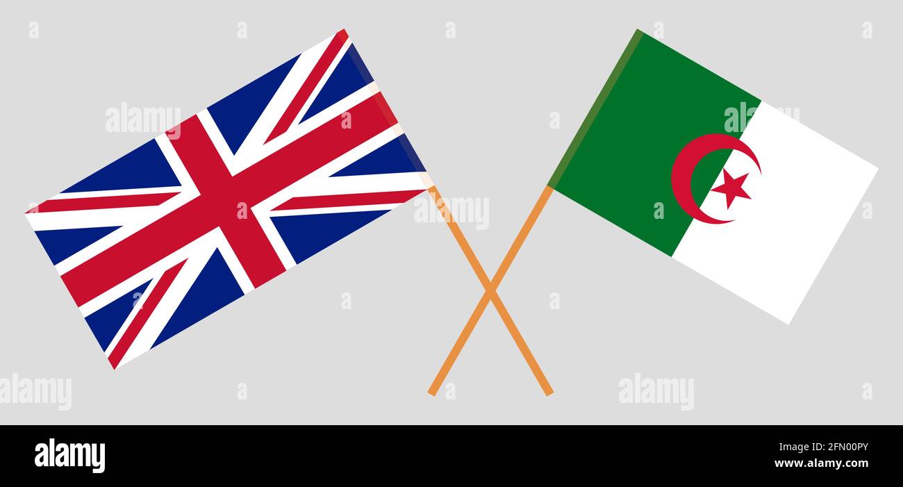Gekreuzte Flaggen von Algerien und dem Vereinigten Königreich. Offizielle Farben. Korrektes Verhältnis. Vektorgrafik Stock Vektor