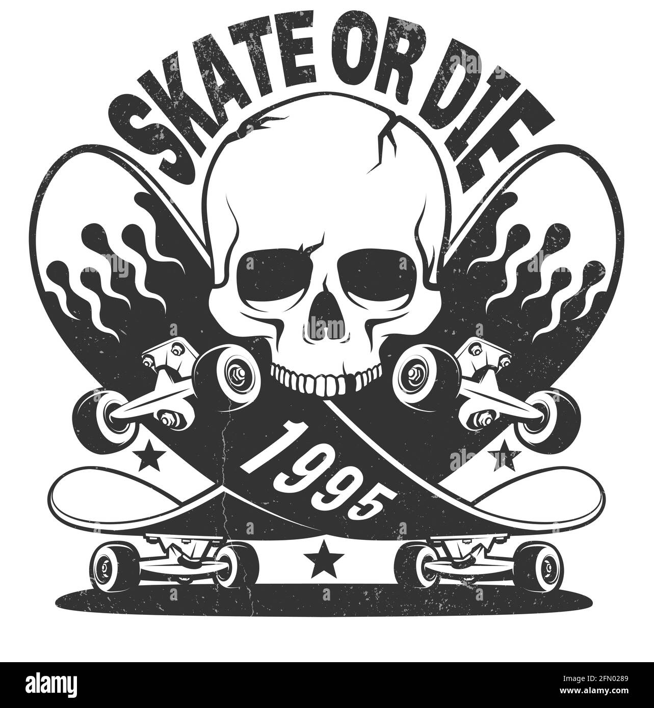 Skate oder die Vintage Logo mit Skateboard und Totenkopf Stock Vektor