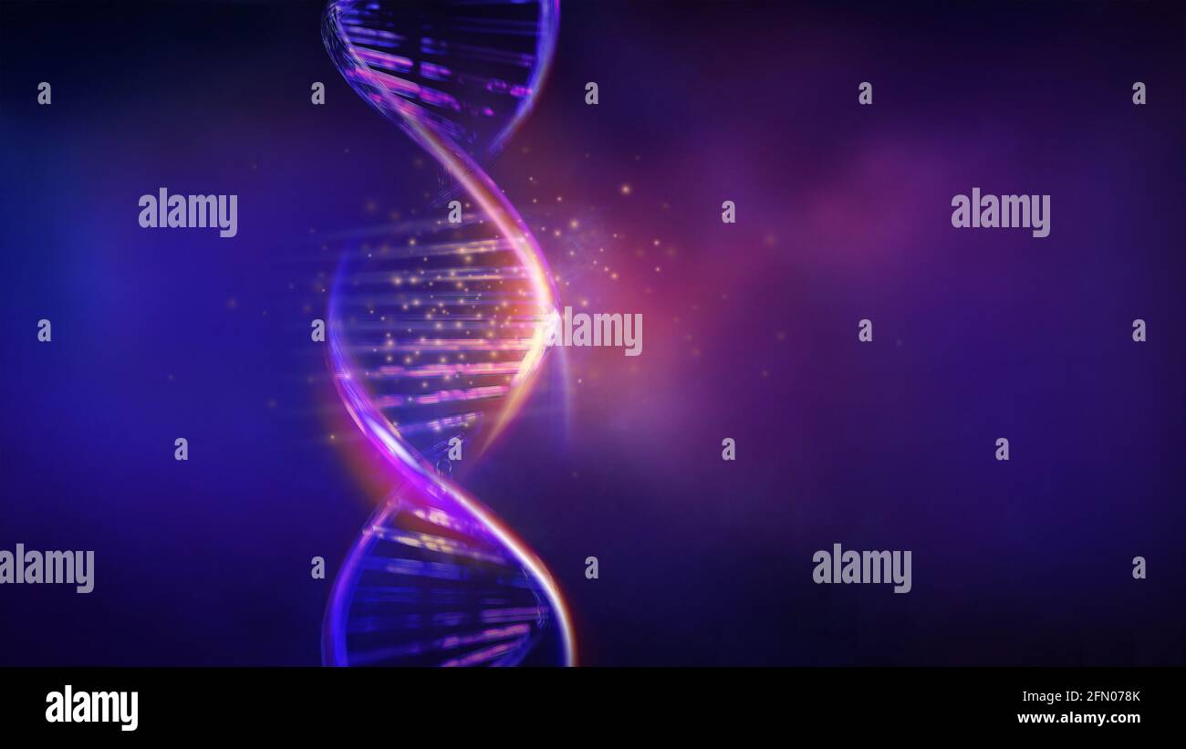 Leuchtende DNA-Stränge in violett-blauen Farben, 3D-Rendering. Stockfoto