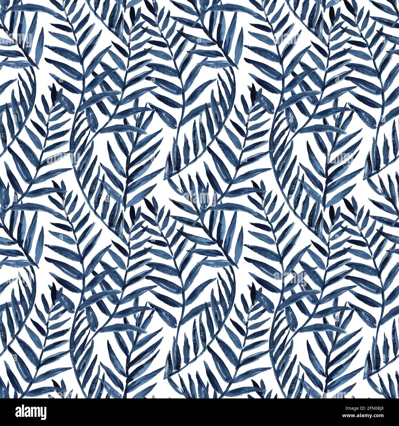 Originales nahtloses Muster mit blauen tropischen Palmblättern. Aquarellmalerei . Stockfoto