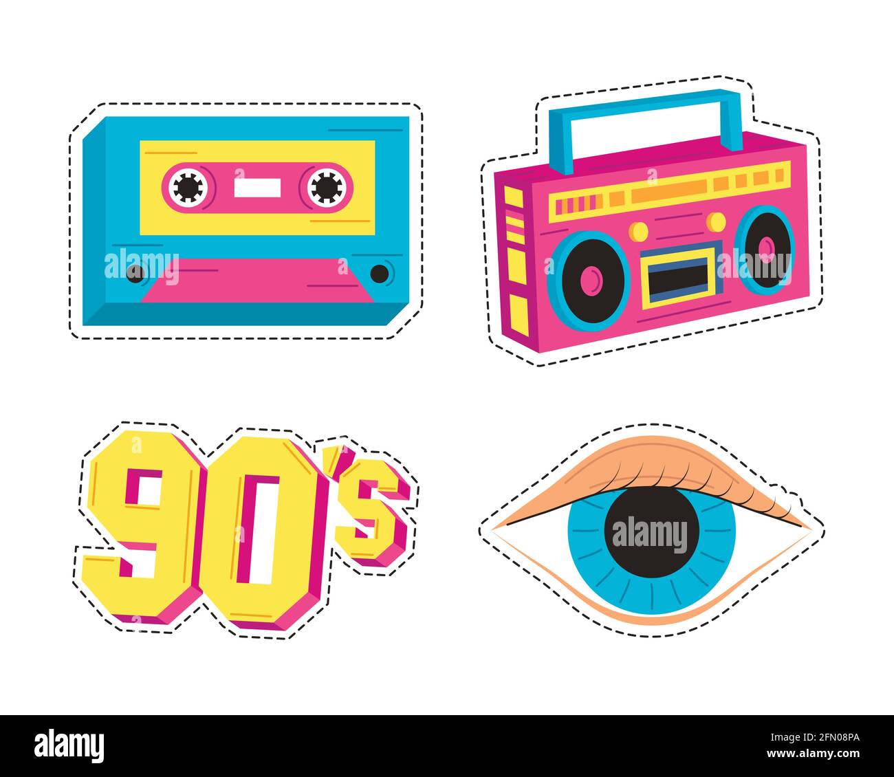 Vier Neunziger-Patches setzen Symbole Stock Vektor