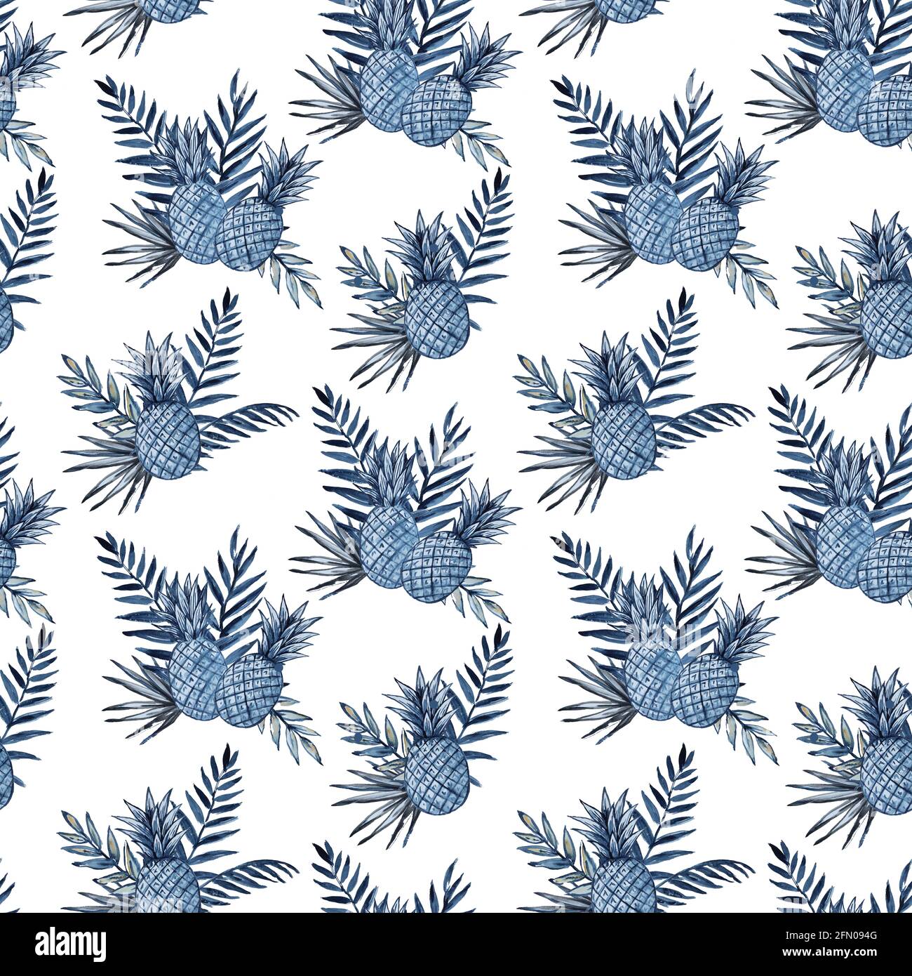 Aquarell-Nahtloses Muster mit Ananas und tropischen Blättern. Stockfoto