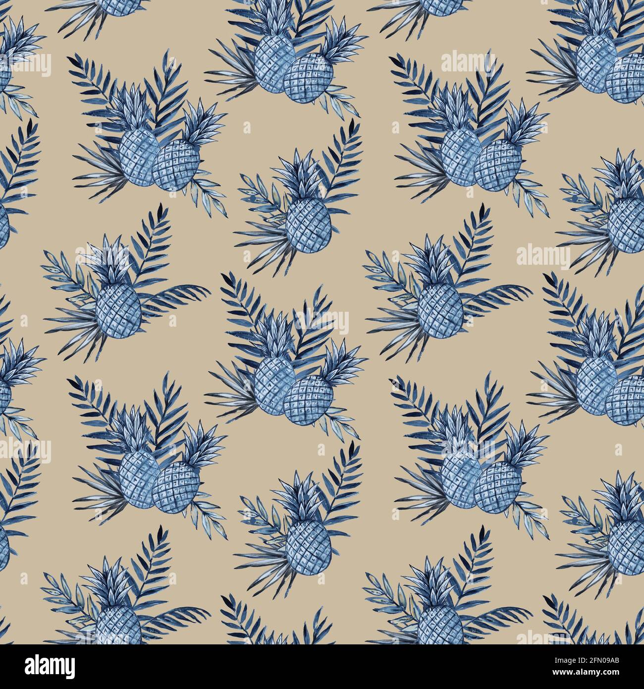 Aquarell-Nahtloses Muster mit Ananas und tropischen Blättern. Stockfoto