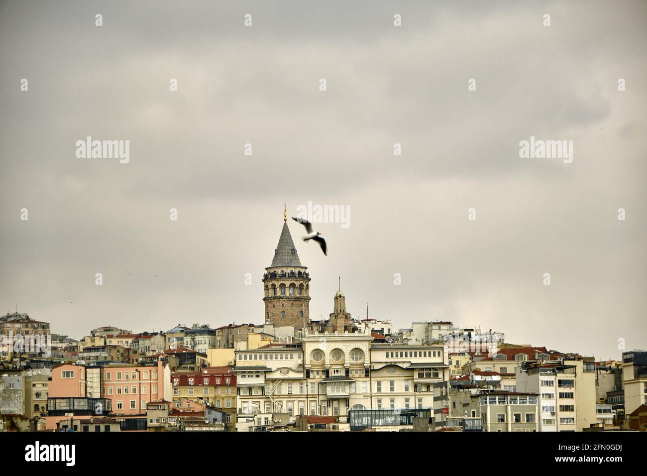 Der berühmte galata-Turm von istanbul wurde vom istanbuler bosporus fotografiert. Galata Tower während des bewölkten Himmels und regnerischen Tages mit einer Möwe fliegen Stockfoto