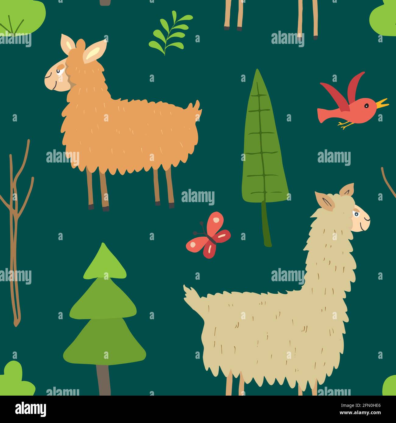 Niedliches Lama Nahtloses Muster. Cartoon Tiere im Wald Hintergrund. Vektorgrafik. Stock Vektor