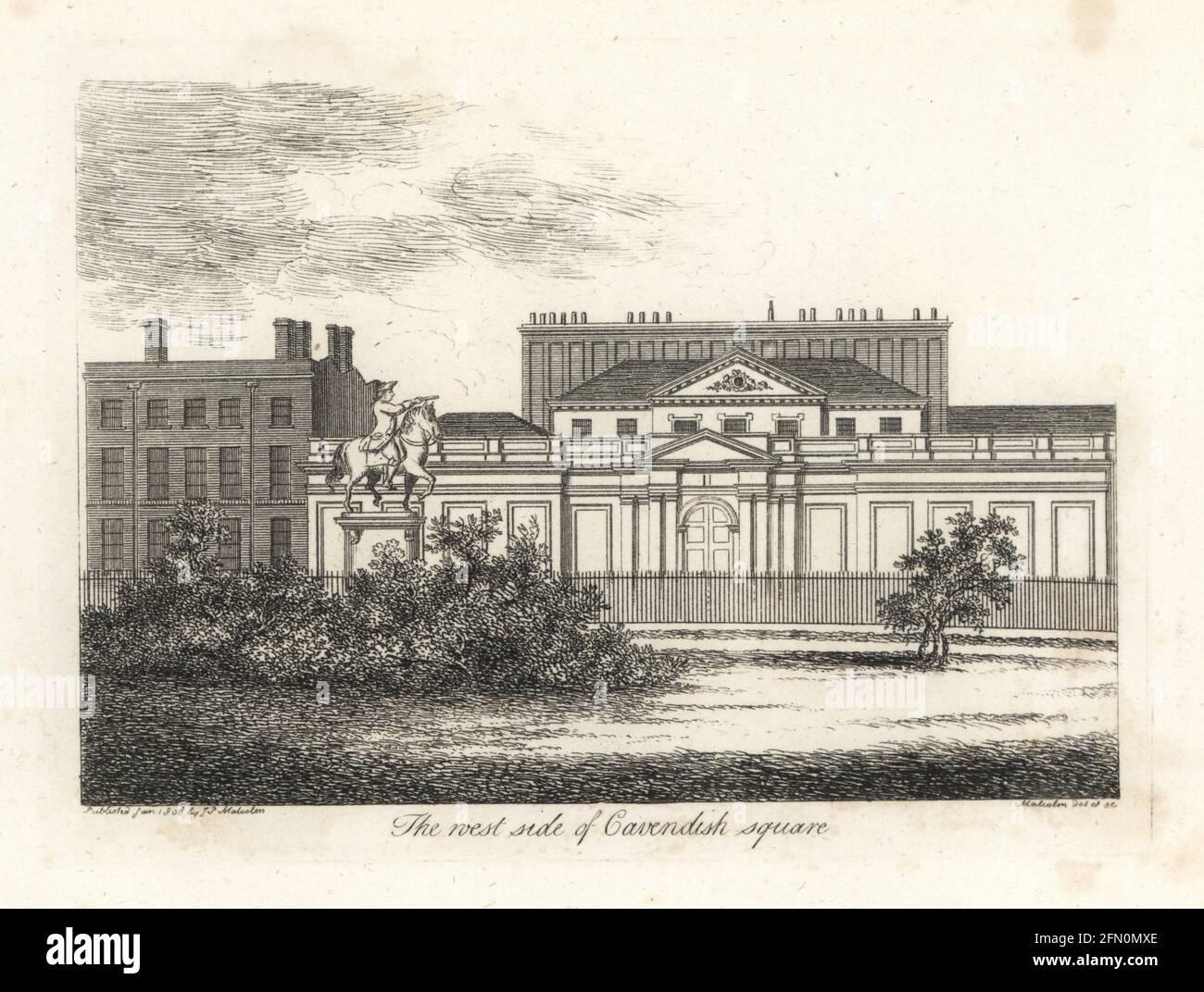 Westseite des Cavendish Square, London, 1807. Bingley House, ein palastartiges Herrenhaus, das 1722 von Thomas Archer für Robert Benson, 1. Baron Bingley und Francis Shepheard's fünf-Bay-Haus erbaut wurde. Reiterstatue des Herzogs von Cumberland, der Schlächter von Culloden., 1868 entfernt. Kupferstich gezeichnet und gestochen von James Peller Malcolm aus seinen Anekdoten der Manners and Customs of London im 18. Jahrhundert, Longman, Hurst, London, 1808. Malcolm (1767-1815) war ein amerikanisch-englischer Topograph und Kupferstecher, Fellow der Society of Antiquaries. Stockfoto