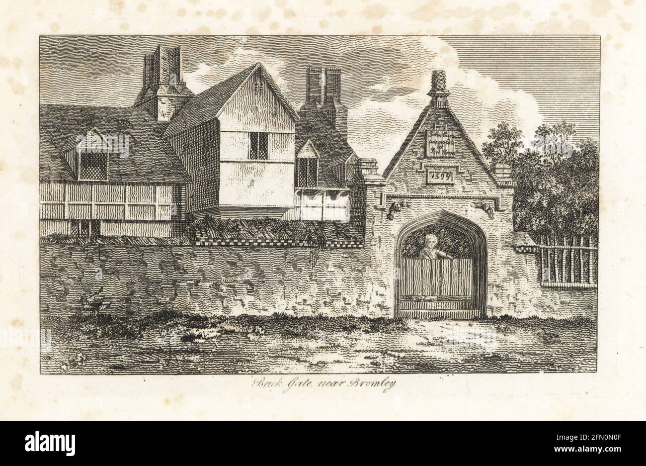 Ein merkwürdiges jakobisches Backsteintor zu einem Haus aus dem Jahr 1599 in der Nähe von Bromley, Kent. John Gun lizensiert, um Post Horses, 1599. Kupferstich gezeichnet und gestochen von James Peller Malcolm aus seinen Anekdoten der Manners and Customs of London im 18. Jahrhundert, Longman, Hurst, London, 1808. Malcolm (1767-1815) war ein amerikanisch-englischer Topograph und Kupferstecher, Fellow der Society of Antiquaries. Stockfoto