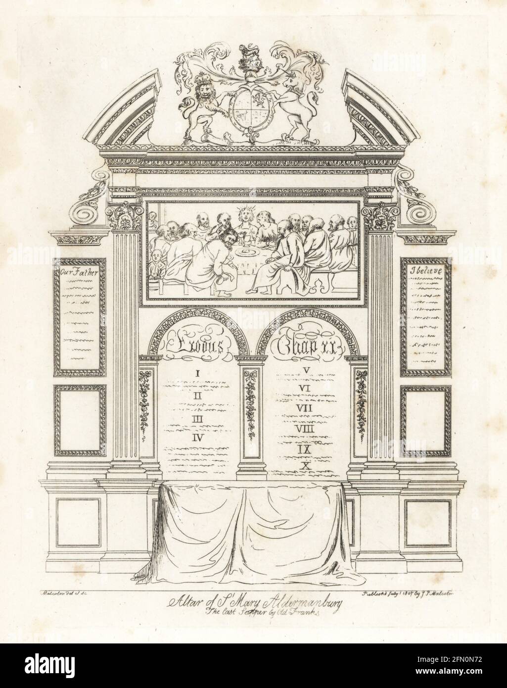 Der geschnitzte hölzerne Altar der heiligen Maria Aldermanbury, mit dem Gemälde des letzten Abendmahls von alten Franken und den zehn Geboten aus dem Buch Exodus. Im 17. Jahrhundert von Christopher Wren umgebaut, im Blitz abgerissen. Kupferstich gezeichnet und gestochen von James Peller Malcolm aus seinen Anekdoten der Manners and Customs of London im 18. Jahrhundert, Longman, Hurst, London, 1808. Malcolm (1767-1815) war ein amerikanisch-englischer Topograph und Kupferstecher, Fellow der Society of Antiquaries. Stockfoto