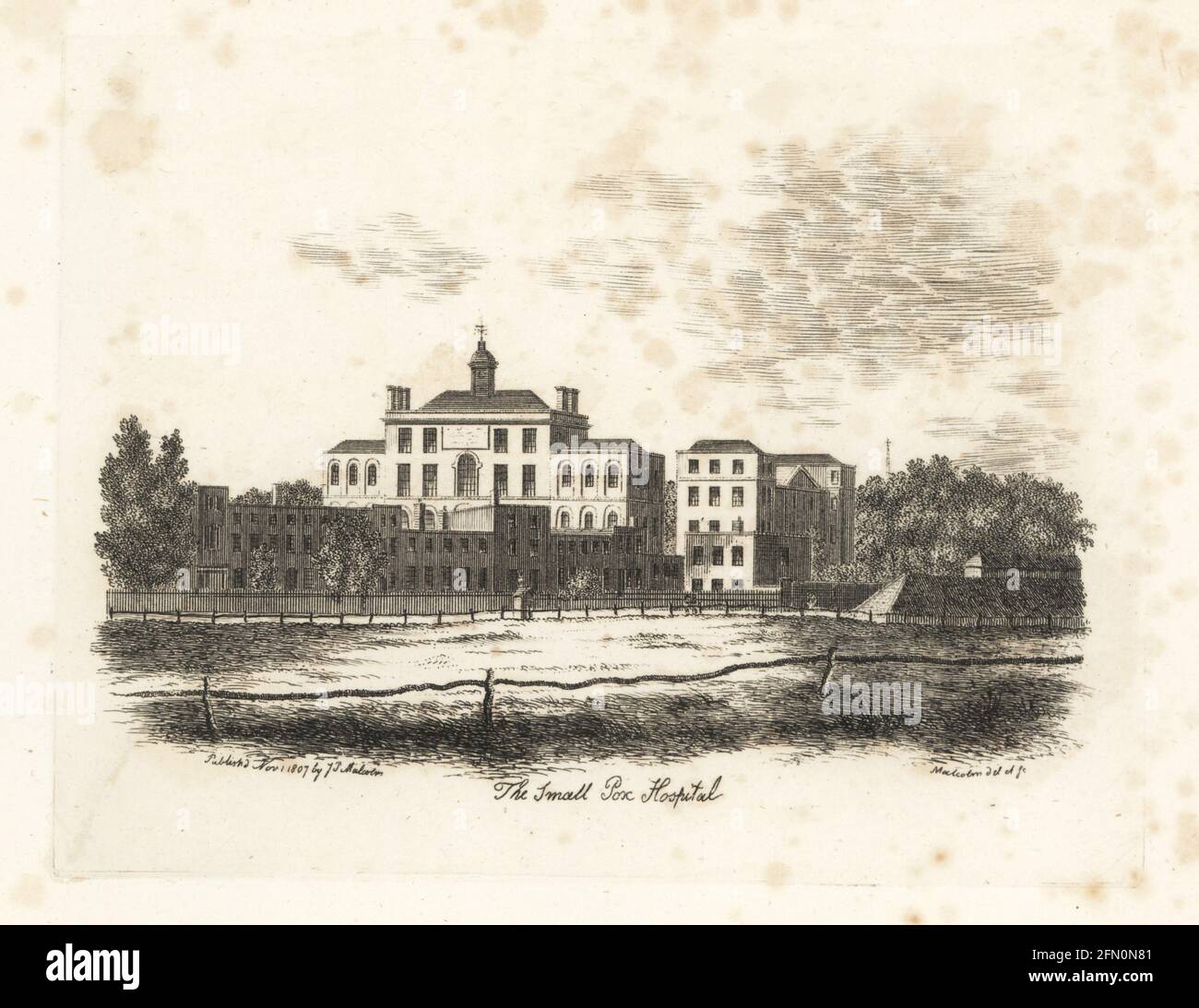 London Smallpox Hospital, Pancras Place, London, 1807. Erbaut 1793 in der Nähe der Battle Bridge. Kupferstich gezeichnet und gestochen von James Peller Malcolm aus seinen Anekdoten der Manners and Customs of London im 18. Jahrhundert, Longman, Hurst, London, 1808. Malcolm (1767-1815) war ein amerikanisch-englischer Topograph und Kupferstecher, Fellow der Society of Antiquaries. Stockfoto