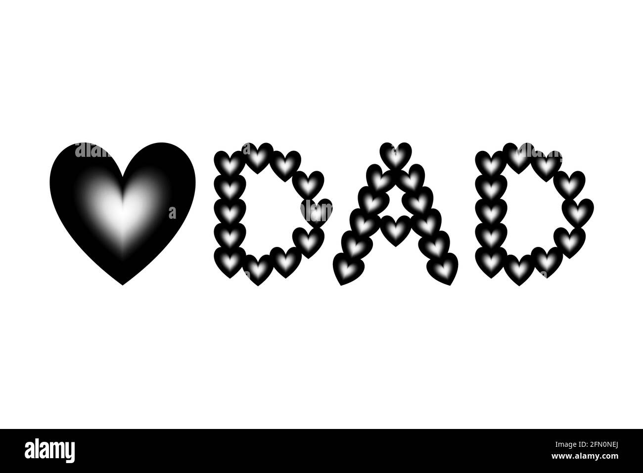 Schwarz-weiße Herzformen mit Farbverlauf sind in das Liebessymbol und das Wort „PAPA“ eingeordnet. Konzept für Vatertag Konzept. Stockfoto
