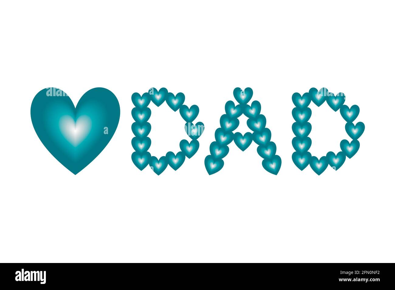 Hellblaue und weiße Herzformen mit Farbverlauf sind in das Liebessymbol und das Wort „PAPA“ eingeordnet. Konzept für Vatertag Konzept. Stockfoto