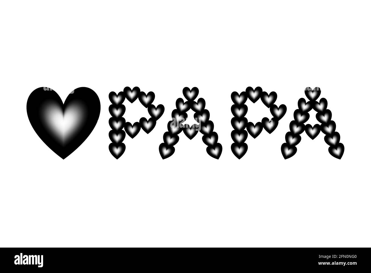 Farbverlauf von schwarzen und weißen Herzformen sind in das Liebessymbol und das Wort „PAPA“ eingeordnet. Stockfoto