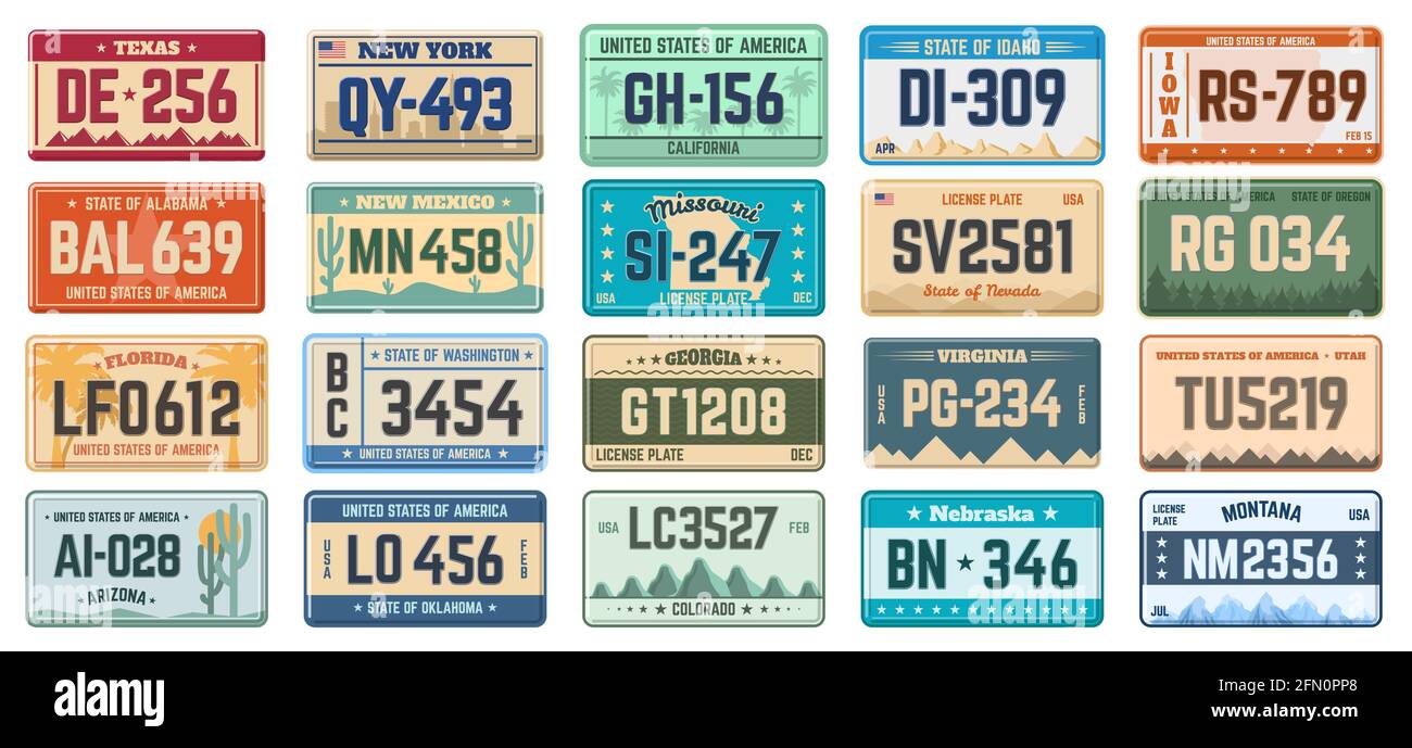 Kfz-Kennzeichen. Fahrzeug verwenden Staaten Lizenz Kennzeichen, retro Kfz-Kennzeichen Vektor-Illustration-Set. Kfz-Kennzeichen Stock Vektor