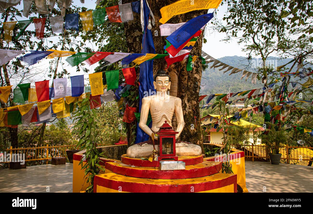 buddha sitzt in Meditationshaltung mit religiösen Fahnen am Tag aus flachem Winkel im itanagar Kloster arunachal pradesh indien. Stockfoto