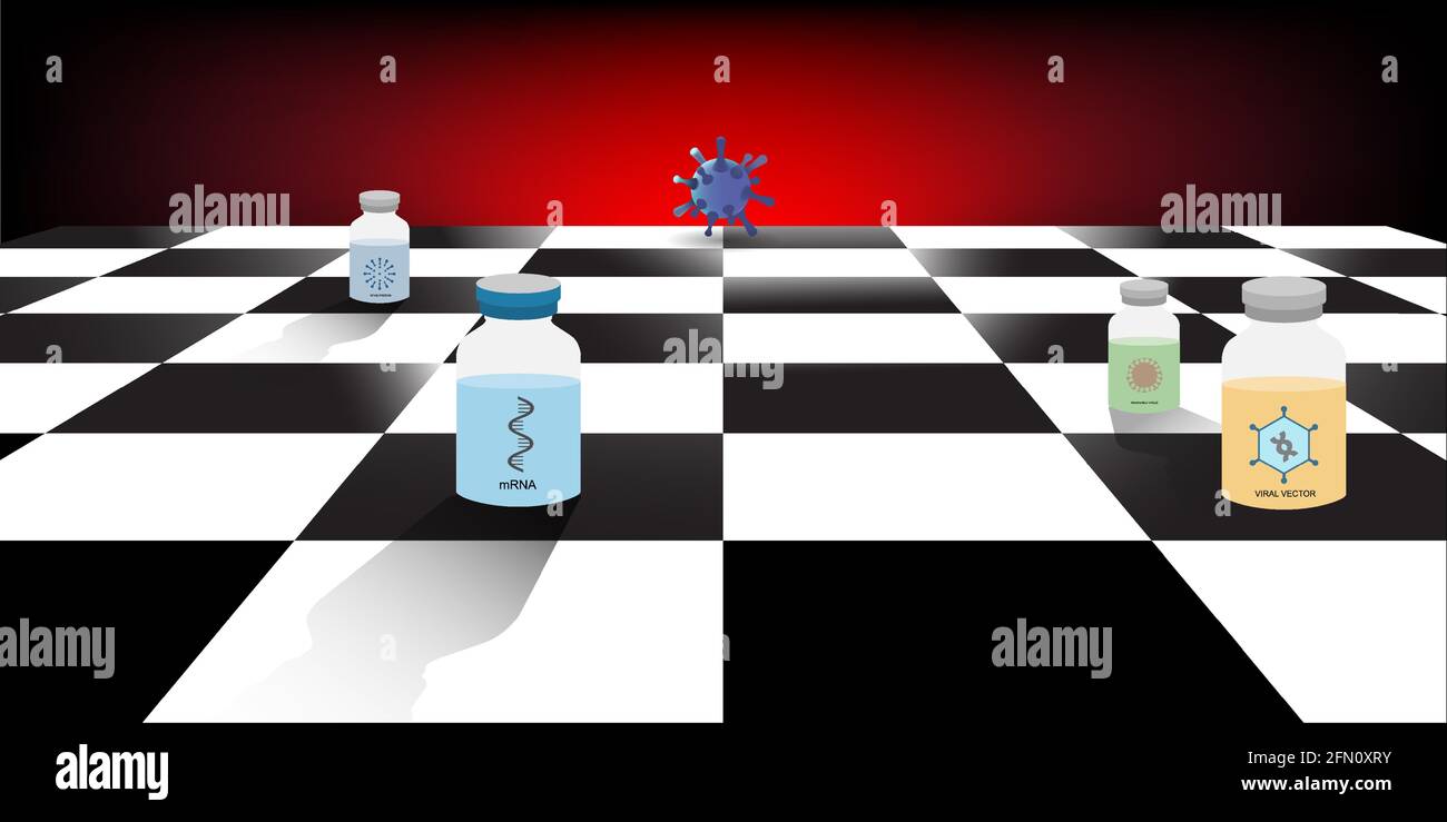 Konzepte verschiedener Arten von Covid-19-Impfstoff-Agaisten-Coronaviren. Impfstoffe, die aus mRNA, viralem Vektor, hergestellt werden, schwächen Viren und Spike-Protein auf Schachboa Stock Vektor Konzepte verschiedener Arten von Covid-19-Impfstoff-Agaisten-Coronaviren. Impfstoffe, die aus mRNA, viralem Vektor, hergestellt werden, schwächen Viren und Spike-Protein auf Schachboa Stock Vektor