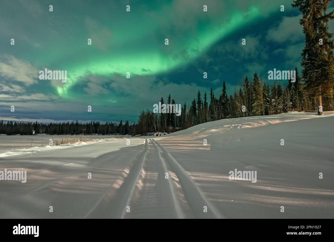 Verschneite, aurora-gefüllte Nacht! Stockfoto