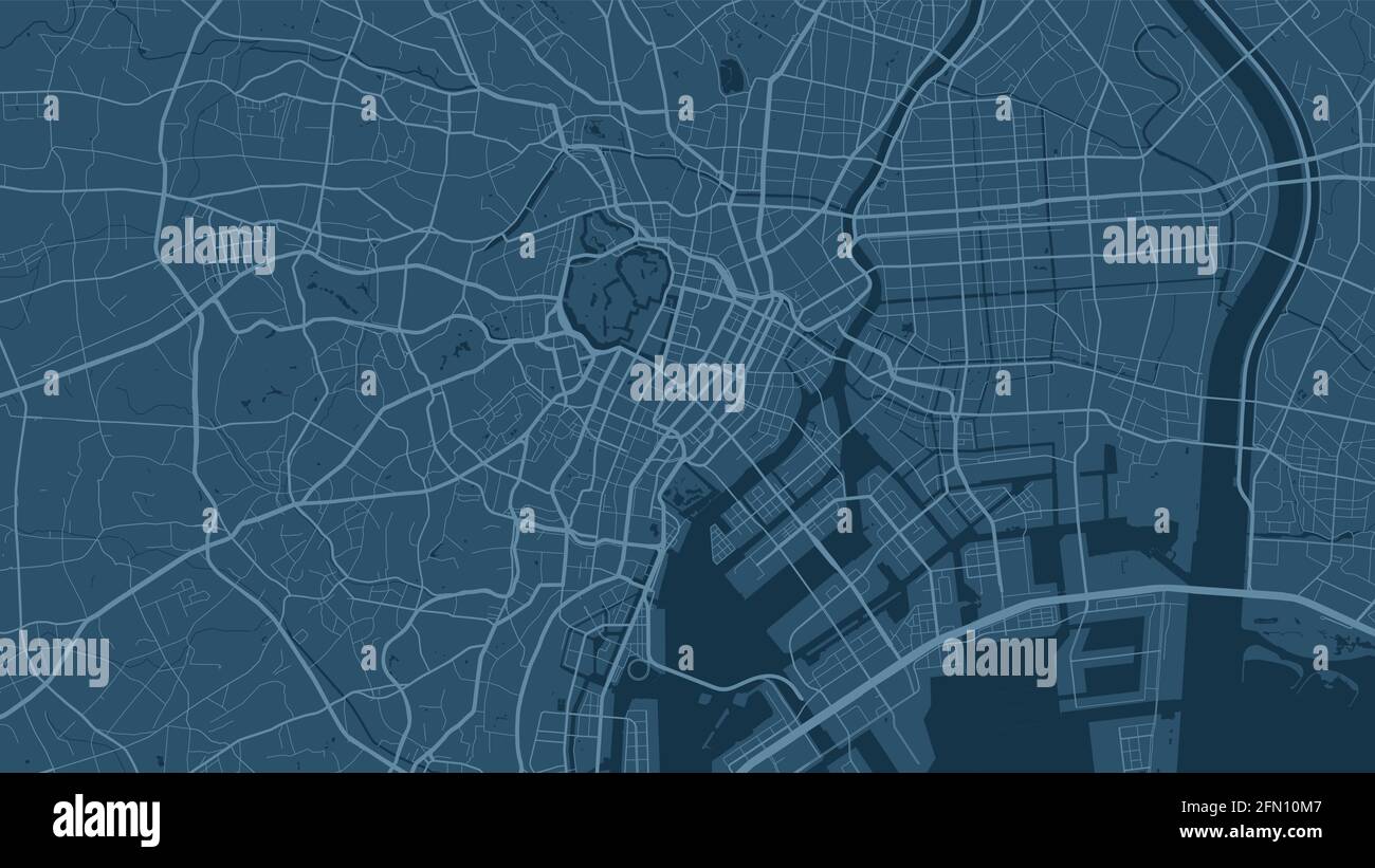 Dunkelblaue Tokyo Stadtgebiet Vektor Hintergrundkarte, Straßen und Wasserkartographie Illustration. Breitbild-Proportion, digitale Flat-Design-Streetmap. Stock Vektor