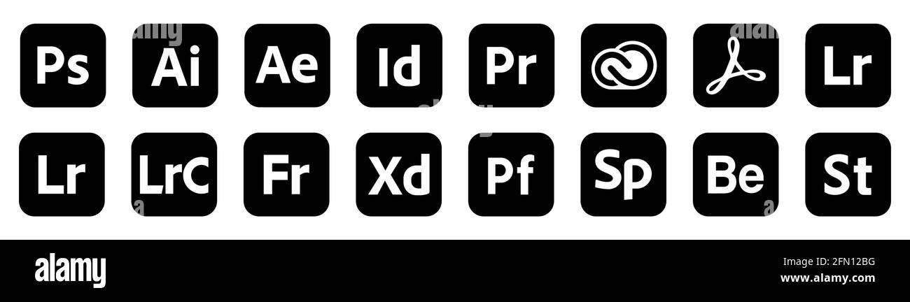 VINNYTSIA, UKRAINE - MAI 11 2021: Satz von beliebten Adobe Icons Produkte. Illustrator, photoshop, Creative Cloud, After Effects, lightroom und etc. Edito Stock Vektor