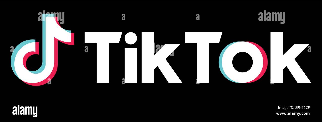 Vinnytsia, Ukraine - 5. Mai 2021: TikTok-Logo und Text. Beliebtes soziales Netzwerk im Internet. Redaktionelle Illustration auf schwarzem Hintergrund. EPS 10 Stock Vektor