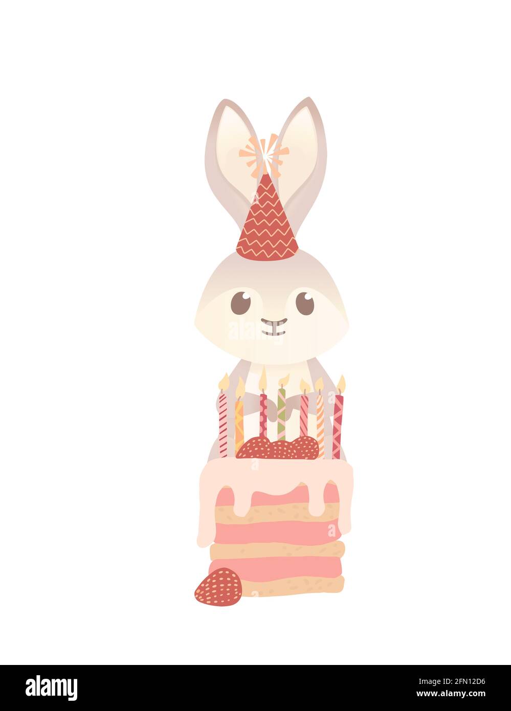 Cute grauen Hase mit Kegelhut bereit zu essen lecker Erdbeerkuchen Cartoon Tier Design Vektor Illustration auf weißem Hintergrund Stock Vektor